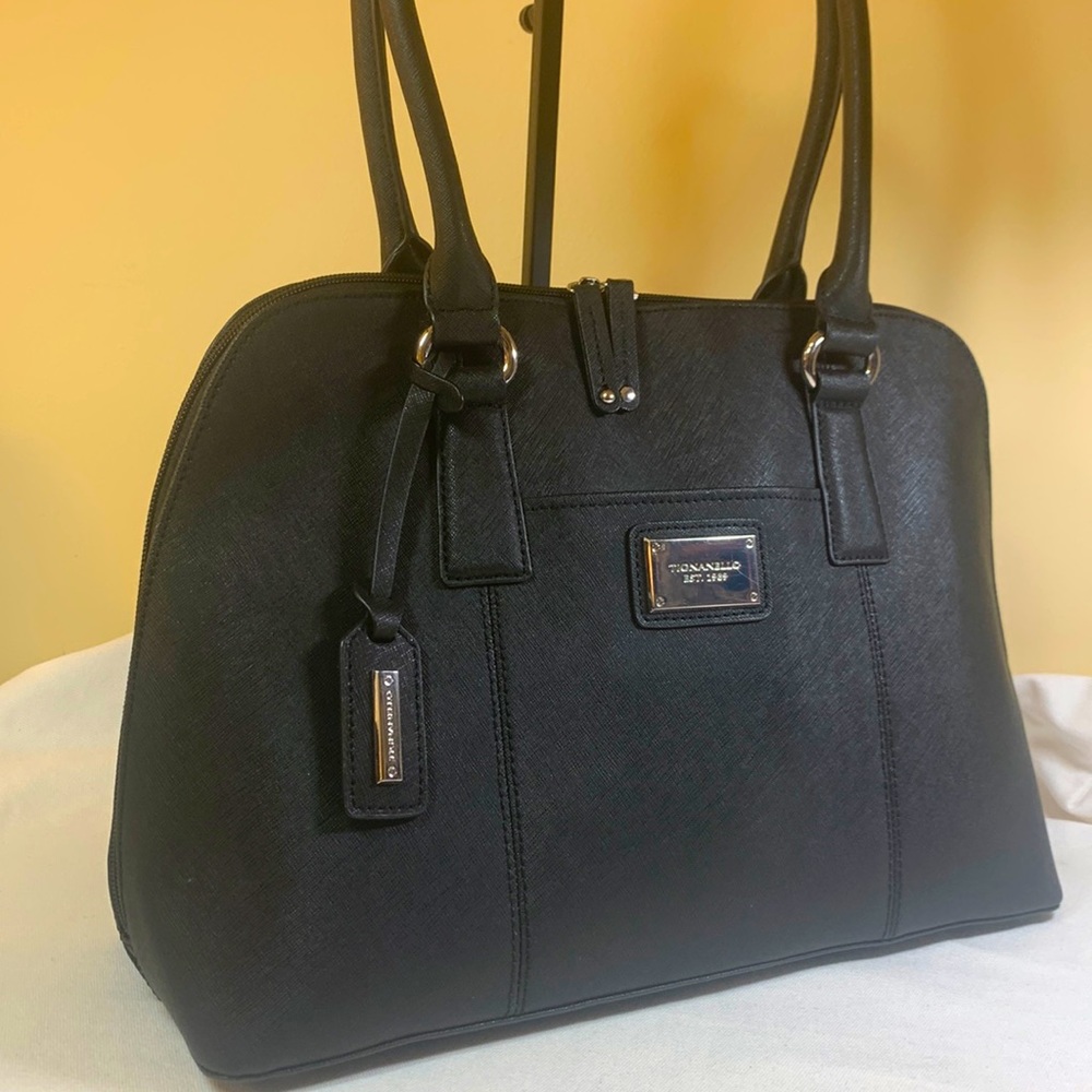 EUC Tignanello Black Leather Bag w/Colorful Interior & Multiple Sections